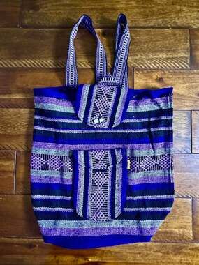 Pinzon Mexican Handwoven Baja Stripe Backpack Purple and Blue Boho Bag